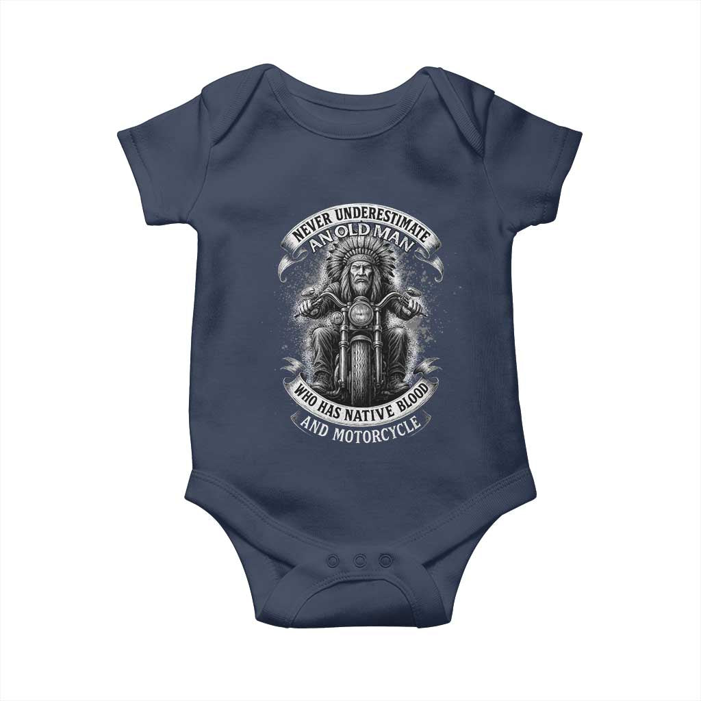 Never Underestimate An Old Man Who Has Native Blood And Motorcycle Baby Onesie Native American Biker TS11 Navy Print Your Wear