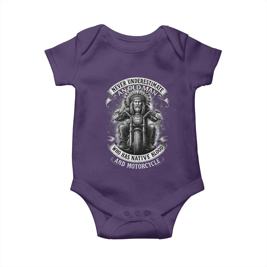Never Underestimate An Old Man Who Has Native Blood And Motorcycle Baby Onesie Native American Biker TS11 Purple Print Your Wear