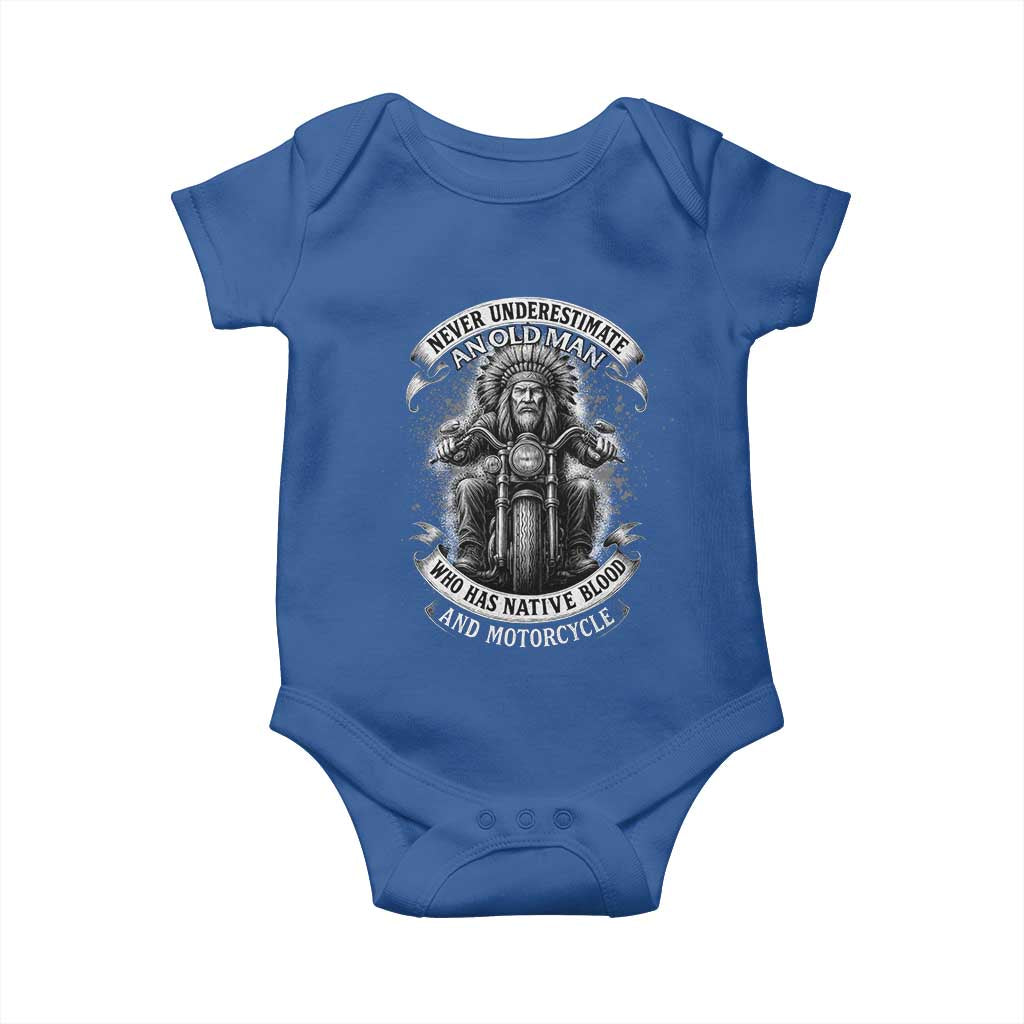 Never Underestimate An Old Man Who Has Native Blood And Motorcycle Baby Onesie Native American Biker TS11 Royal Blue Print Your Wear