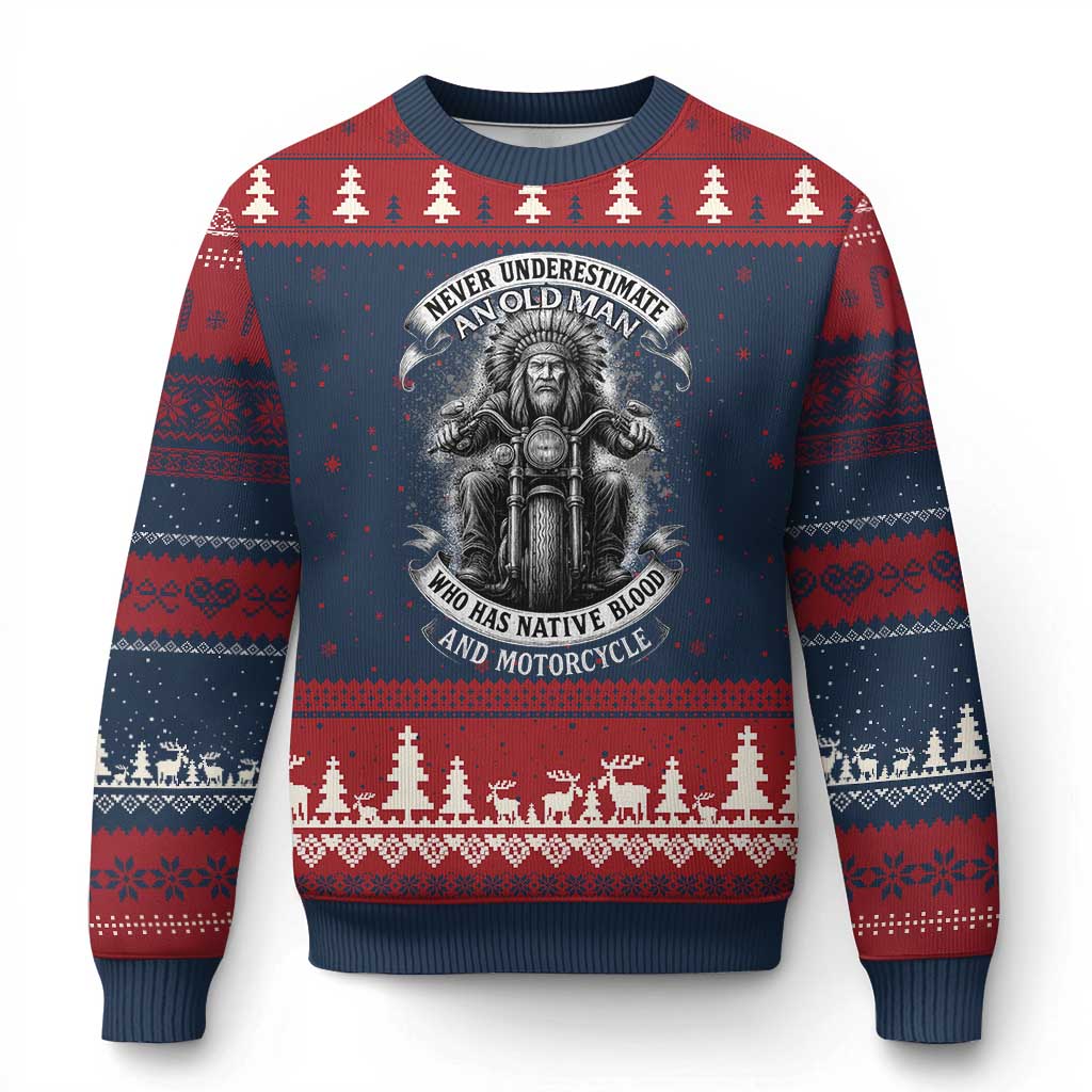 Never Underestimate An Old Man Who Has Native Blood And Motorcycle Ugly Christmas Sweater Native American Biker - Print Your Wear