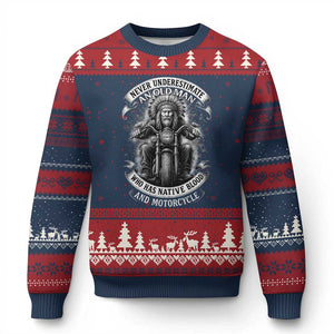 Never Underestimate An Old Man Who Has Native Blood And Motorcycle Ugly Christmas Sweater Native American Biker - Print Your Wear