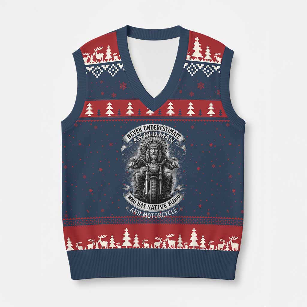 Never Underestimate An Old Man Who Has Native Blood And Motorcycle V-Neck Knit Sweater Vest Native American Biker - Print Your Wear