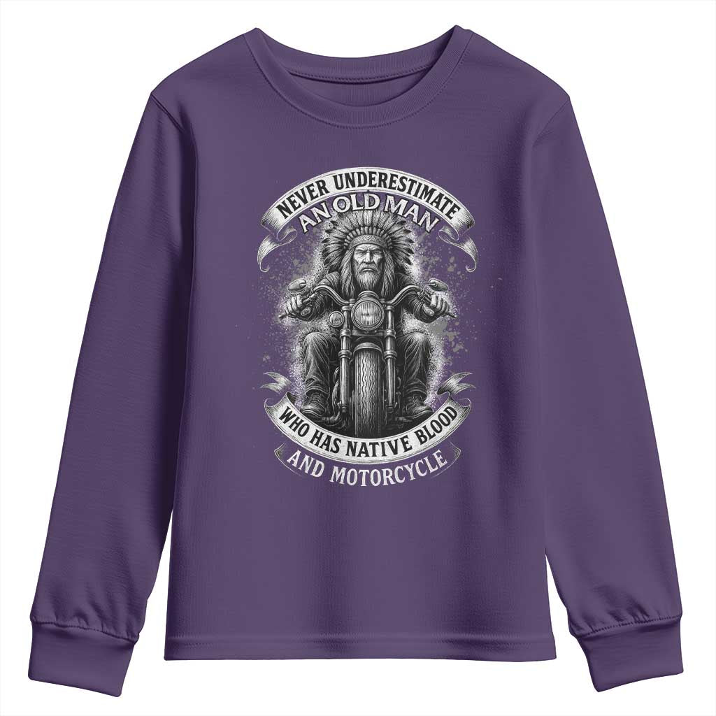 Never Underestimate An Old Man Who Has Native Blood And Motorcycle Youth Sweatshirt Native American Biker TS11 Purple Print Your Wear