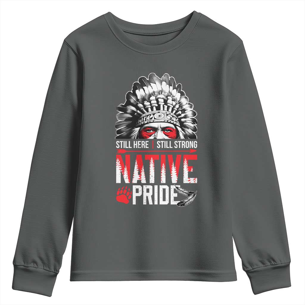 Still Here Still Strong Native Pride Youth Sweatshirt Native American Feather TS11 Dark Heather Print Your Wear