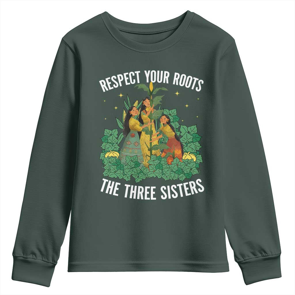 Three Sisters Respect Your Roots Youth Sweatshirt Native American Heritage History Month TS11 Dark Forest Green Print Your Wear