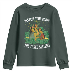 Three Sisters Respect Your Roots Youth Sweatshirt Native American Heritage History Month TS11 Dark Forest Green Print Your Wear