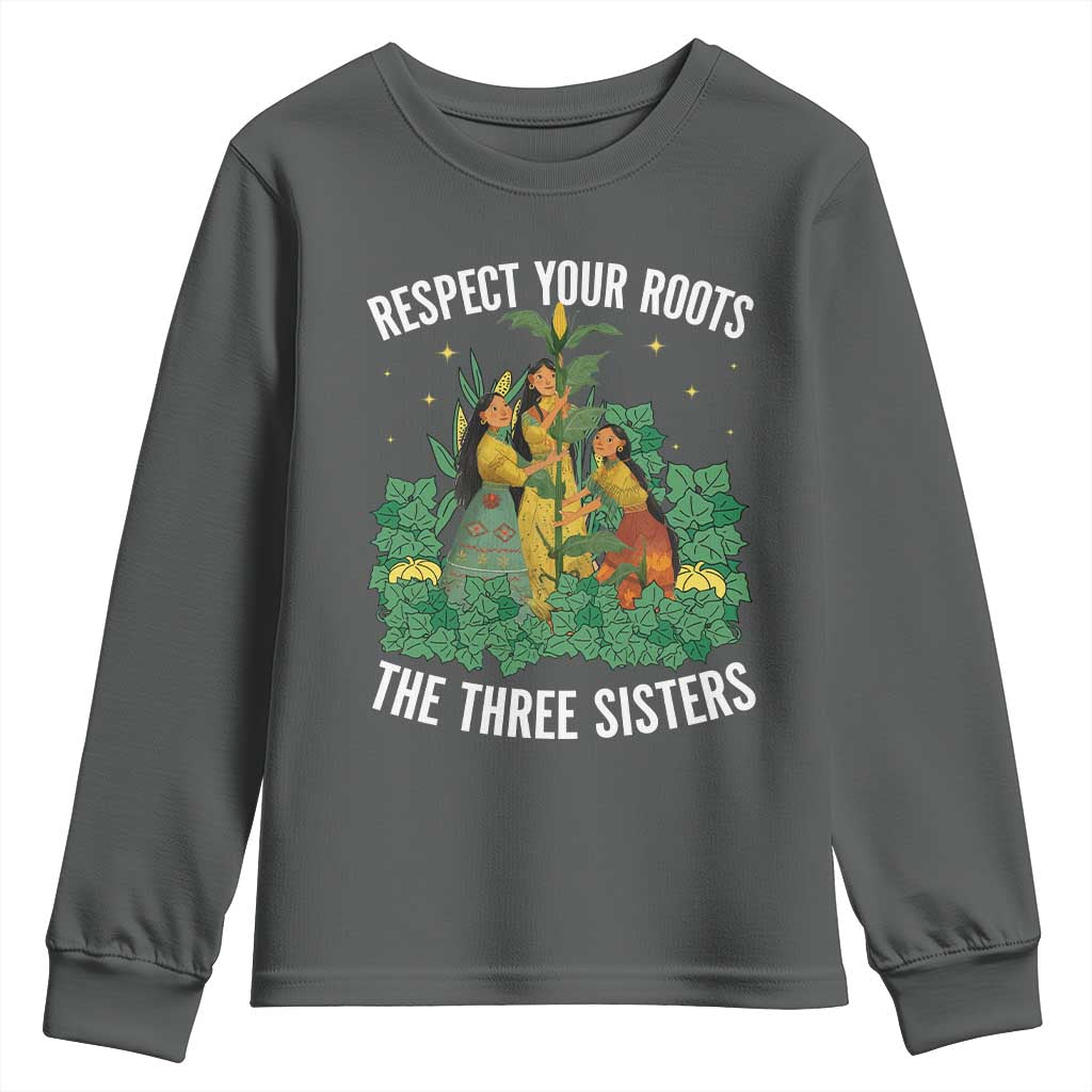 Three Sisters Respect Your Roots Youth Sweatshirt Native American Heritage History Month TS11 Dark Heather Print Your Wear