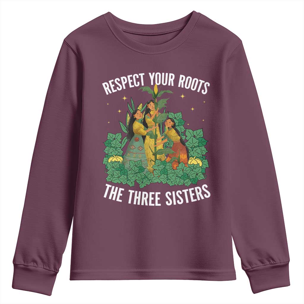 Three Sisters Respect Your Roots Youth Sweatshirt Native American Heritage History Month TS11 Maroon Print Your Wear