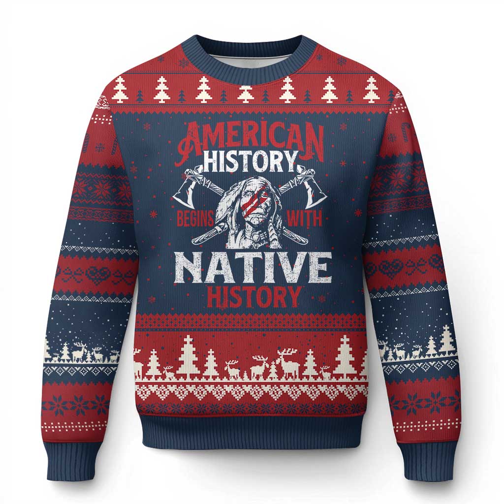 American History Begins With Native History Ugly Christmas Sweater Native American Indigenous Indian Warrior TS11 Navy Red Print Your Wear