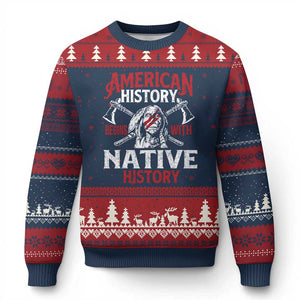 American History Begins With Native History Ugly Christmas Sweater Native American Indigenous Indian Warrior TS11 Navy Red Print Your Wear