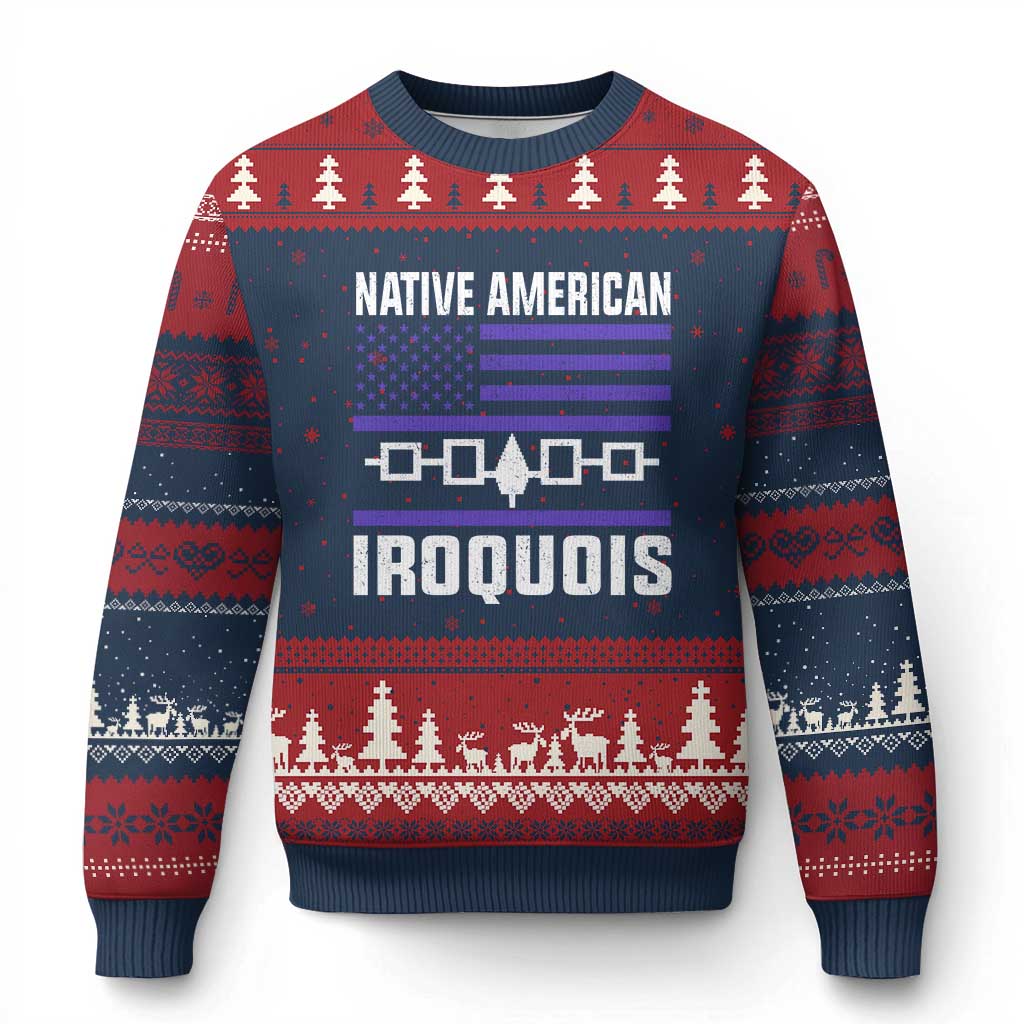 Native American Iroquois Ugly Christmas Sweater Haudenosaunee Nation Vintage USA Flag - Print Your Wear
