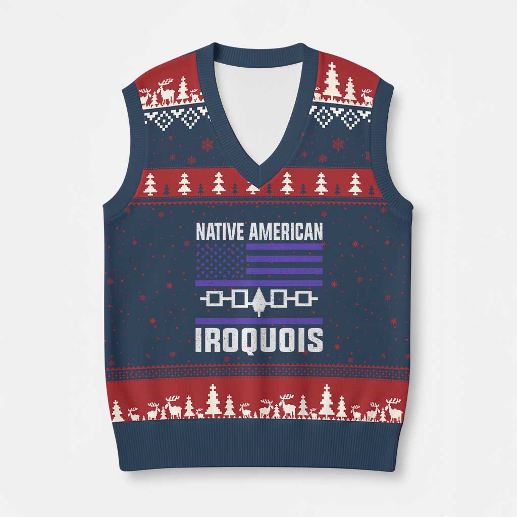 Native American Iroquois V-Neck Knit Sweater Vest Haudenosaunee Nation Vintage USA Flag - Print Your Wear
