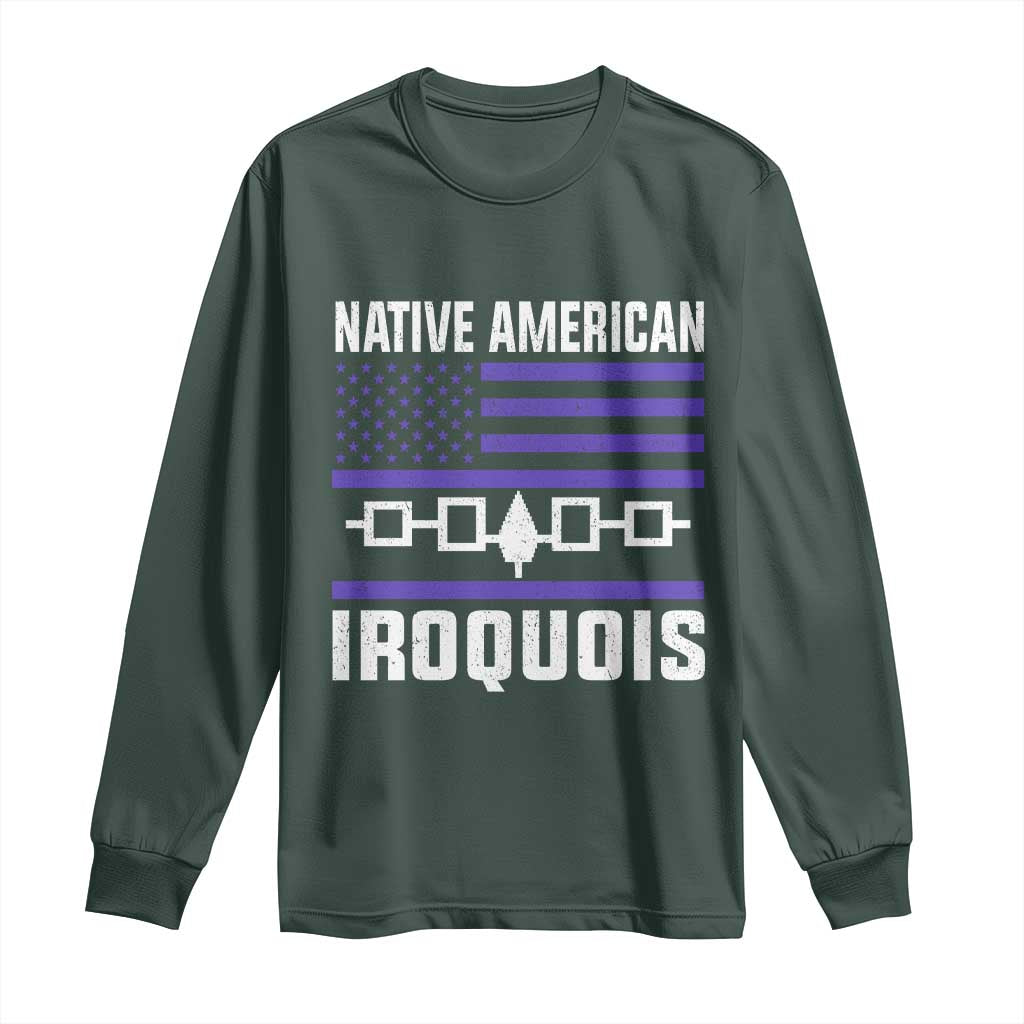 Native American Iroquois Long Sleeve Shirt Haudenosaunee Nation Vintage USA Flag TS11 Dark Forest Green Print Your Wear