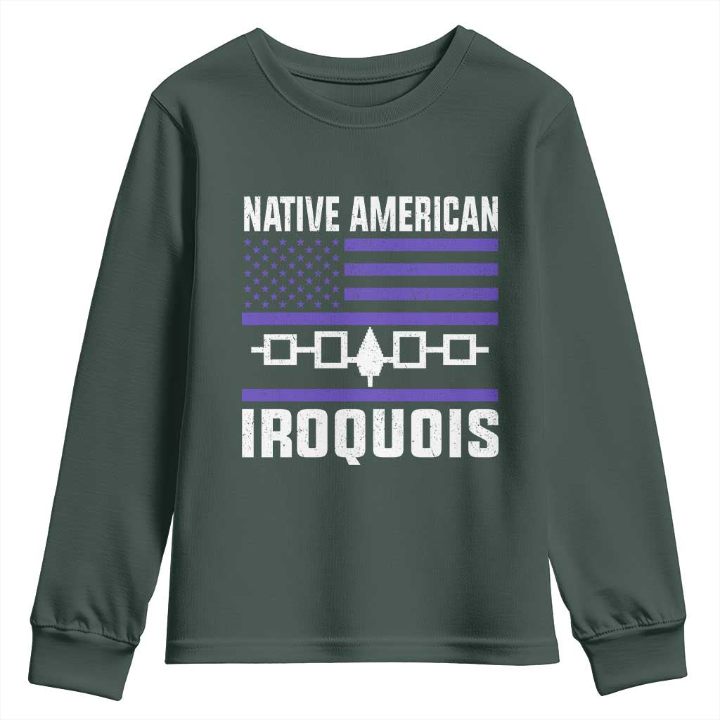 Native American Iroquois Youth Sweatshirt Haudenosaunee Nation Vintage USA Flag TS11 Dark Forest Green Print Your Wear