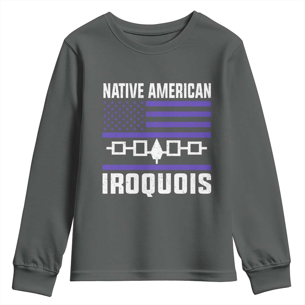 Native American Iroquois Youth Sweatshirt Haudenosaunee Nation Vintage USA Flag TS11 Dark Heather Print Your Wear