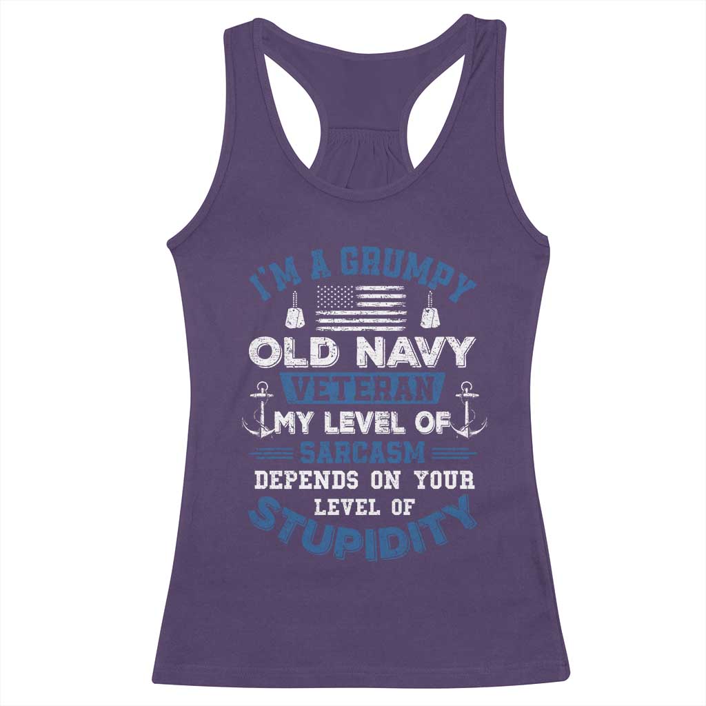 I Am A Grumpy Old Navy Veteran My Level Of Sarcasm Depends On Your Level Of Stupidity Racerback Tank Top TS11 Purple Print Your Wear