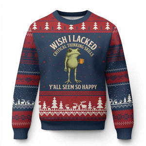 Wish I Lacked Critical Thinking Skills Y'all Seem So Happy Funny Frog Coffee Ugly Christmas Sweater