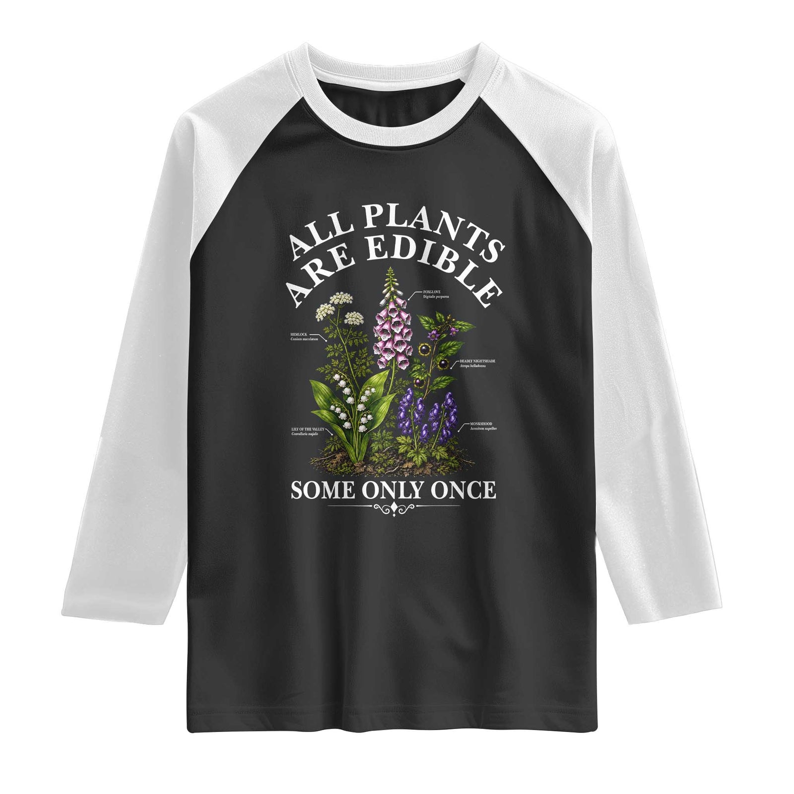 All Plants Are Edible Some Only Once Raglan Shirt Funny Botanical Gardener TS11 Black White Print Your Wear