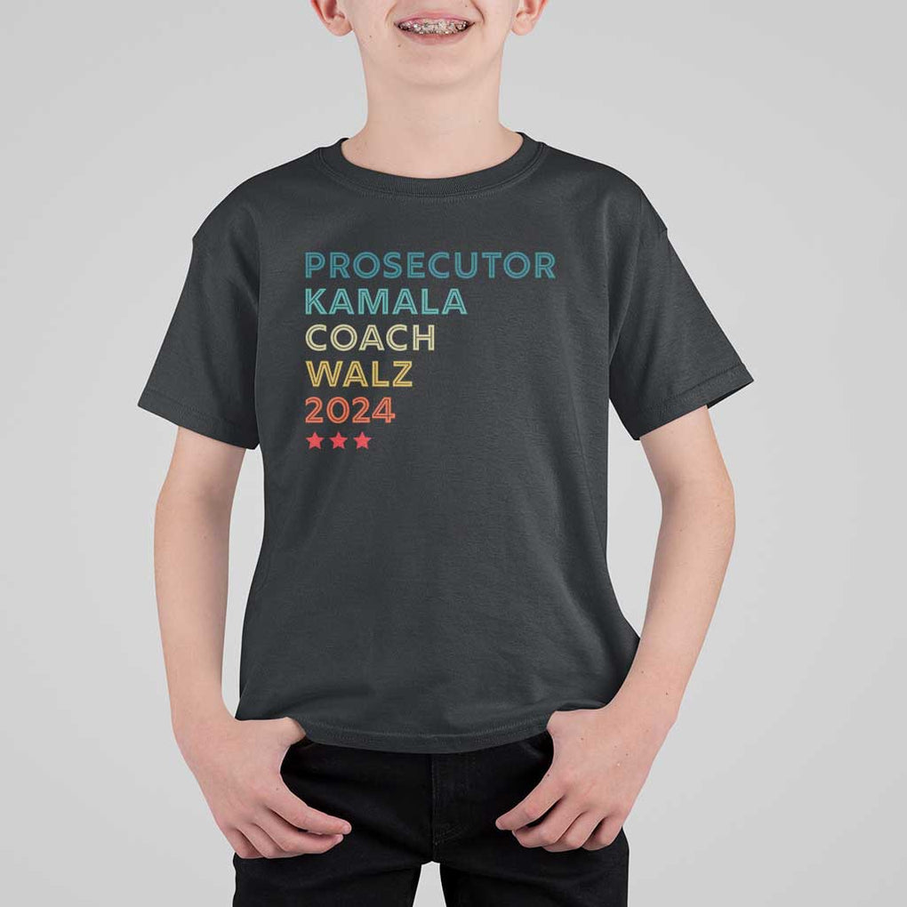 Harris Walz Supporter T Shirt For Kid Prosecutor Kamala Coach Walz 2024 Retro Star TS11 Black Print Your Wear