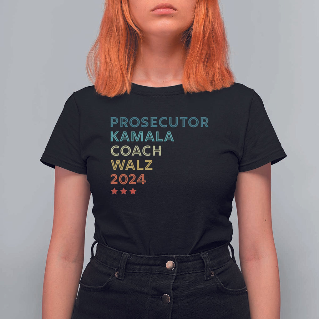Harris Walz Supporter T Shirt For Women Prosecutor Kamala Coach Walz 2024 Retro Star TS11 Black Print Your Wear