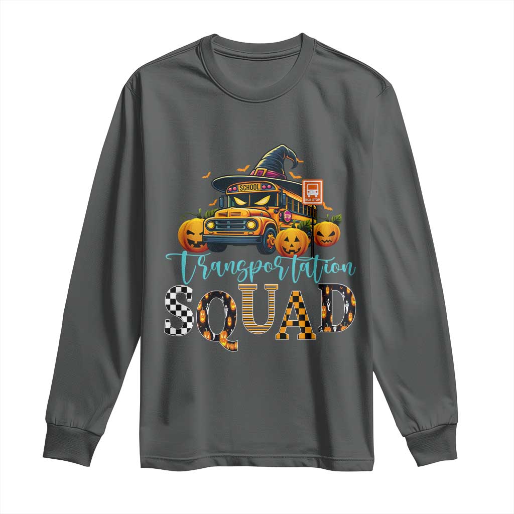 Halloween School Bus Driver Long Sleeve Shirt Transportation Squad Pumpkin Witch TS11 Dark Heather Print Your Wear