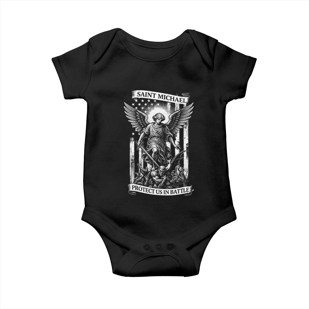 Saint Michael Protect Us In Battle Baby Onesie American Flag Catholic Christian Faith TS11 Black Print Your Wear