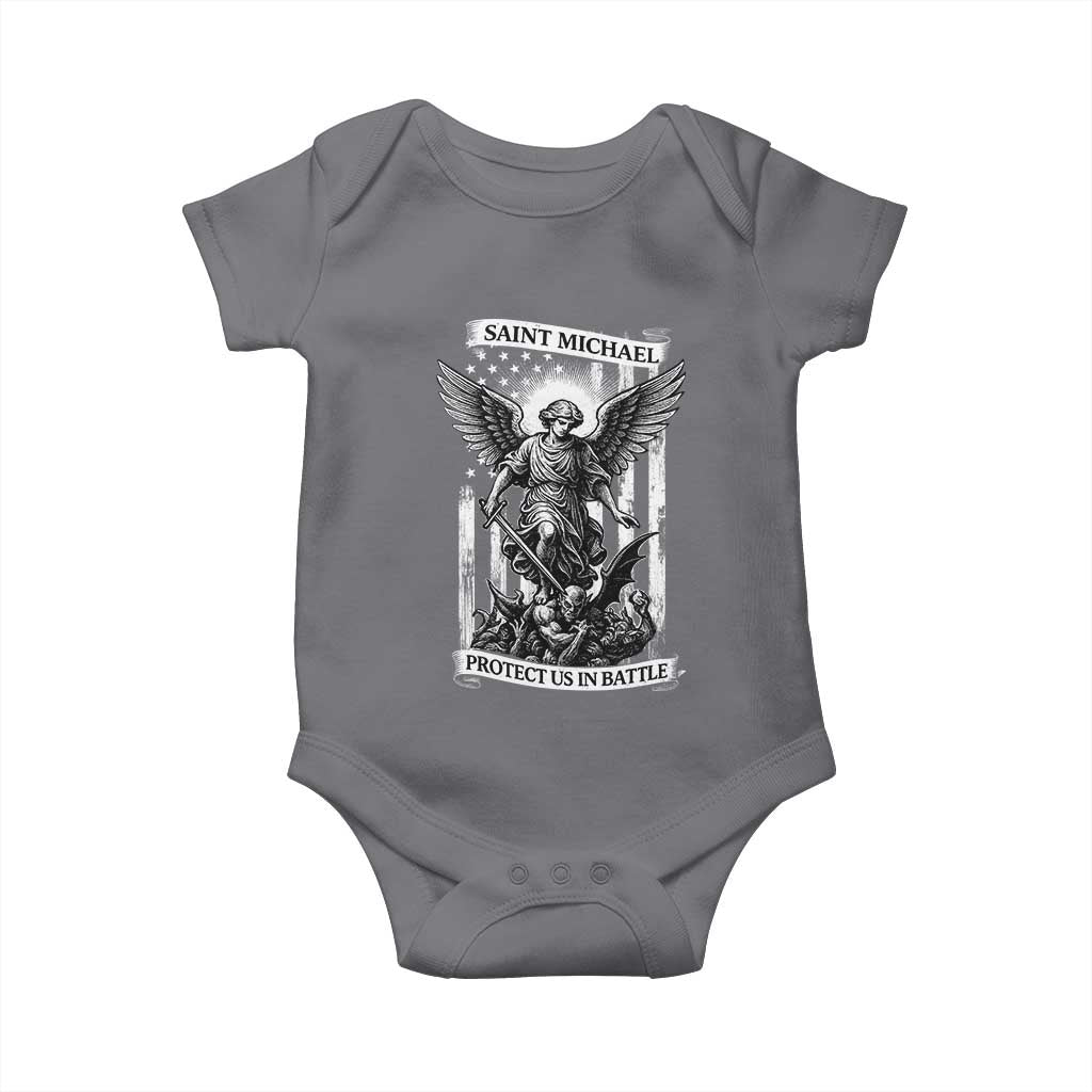 Saint Michael Protect Us In Battle Baby Onesie American Flag Catholic Christian Faith TS11 Charcoal Print Your Wear