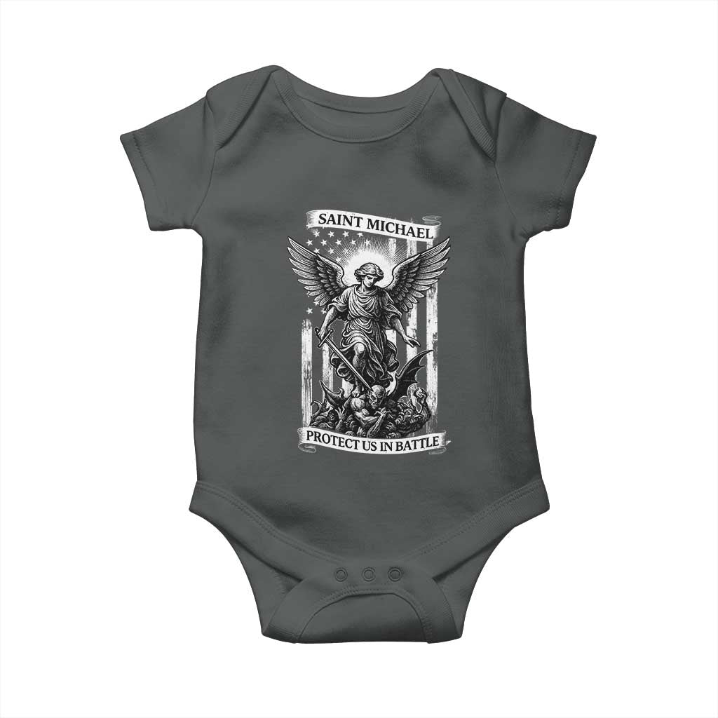 Saint Michael Protect Us In Battle Baby Onesie American Flag Catholic Christian Faith TS11 Dark Heather Print Your Wear