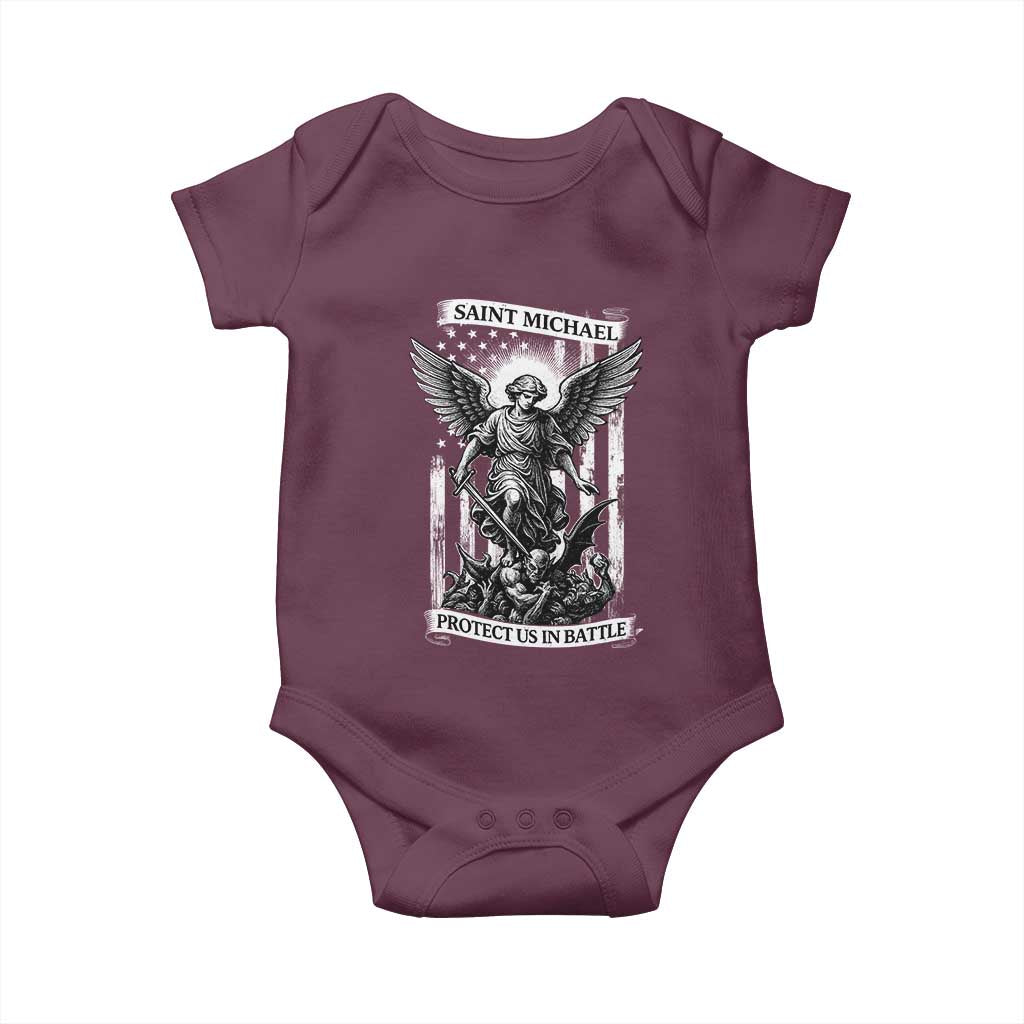 Saint Michael Protect Us In Battle Baby Onesie American Flag Catholic Christian Faith TS11 Maroon Print Your Wear