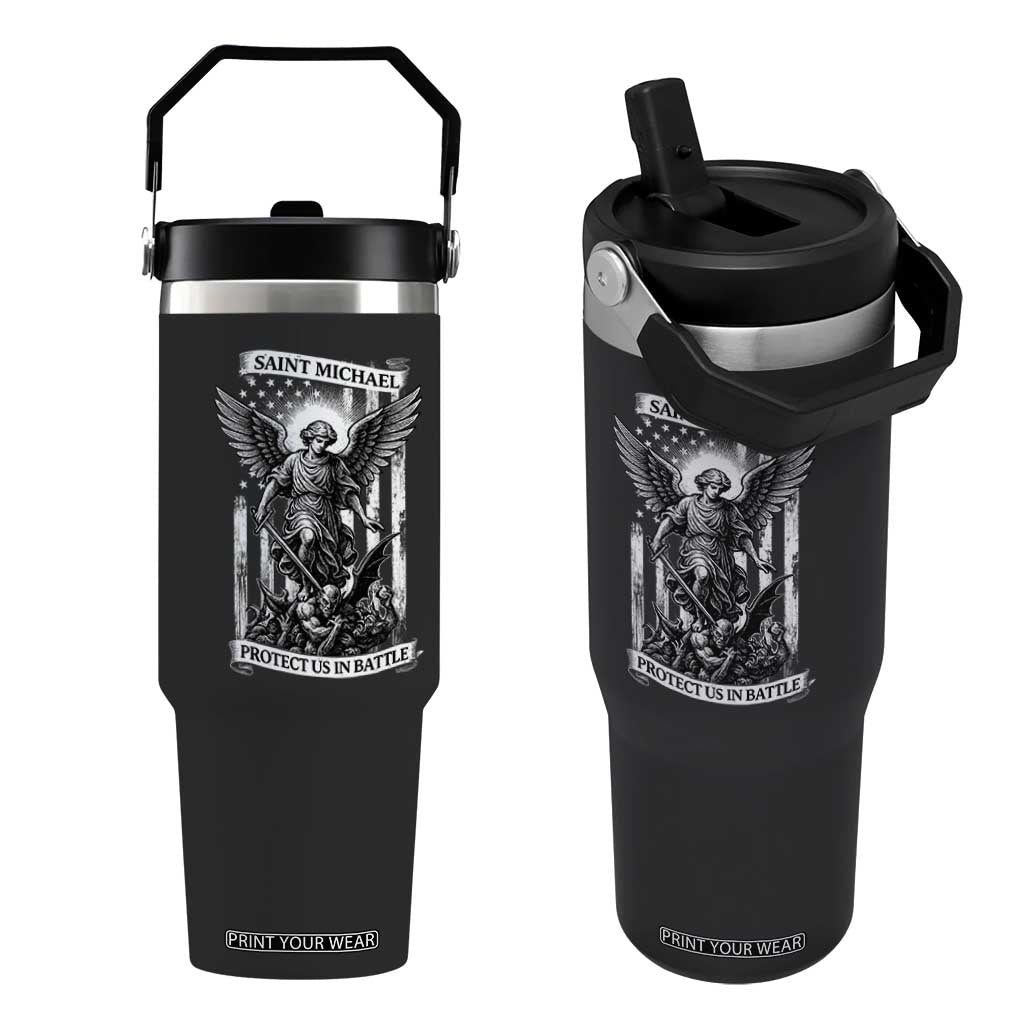 Saint Michael Protect Us In Battle Flip Straw Tumbler American Flag Catholic Christian Faith TS11 One Size: 30 oz Black Print Your Wear