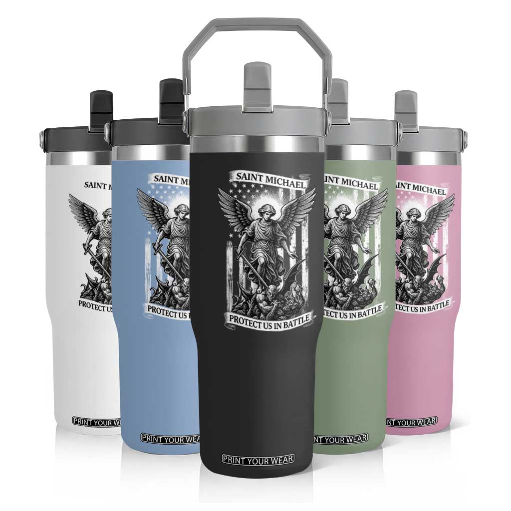 Saint Michael Protect Us In Battle Flip Straw Tumbler American Flag Catholic Christian Faith TS11 Print Your Wear