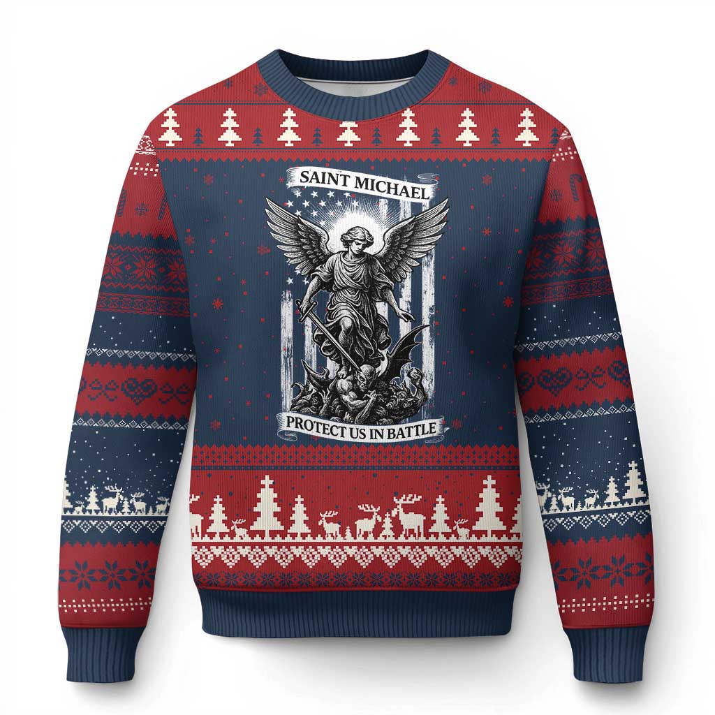 Saint Michael Protect Us In Battle Ugly Christmas Sweater American Flag Catholic Christian Faith TS11 Navy Red Print Your Wear