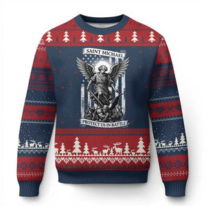 Saint Michael Protect Us In Battle Ugly Christmas Sweater American Flag Catholic Christian Faith TS11 Navy Red Print Your Wear