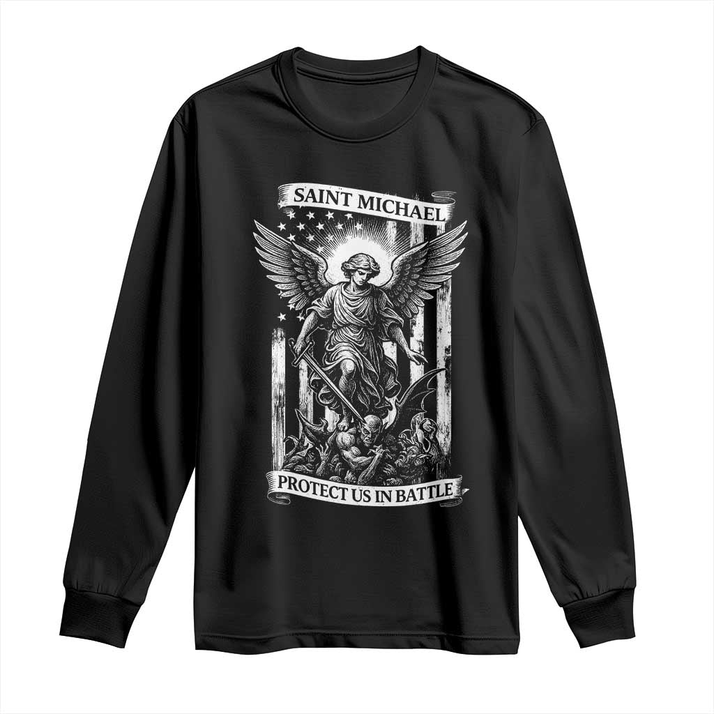 Saint Michael Protect Us In Battle Long Sleeve Shirt American Flag Catholic Christian Faith TS11 Black Print Your Wear