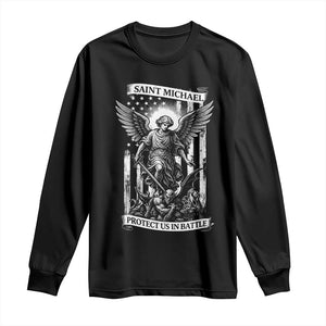 Saint Michael Protect Us In Battle Long Sleeve Shirt American Flag Catholic Christian Faith TS11 Black Print Your Wear