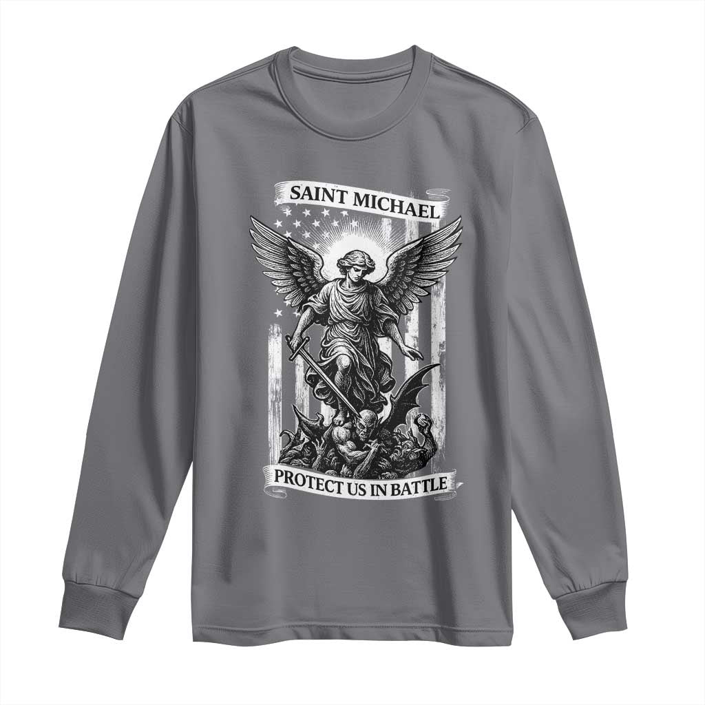 Saint Michael Protect Us In Battle Long Sleeve Shirt American Flag Catholic Christian Faith TS11 Charcoal Print Your Wear