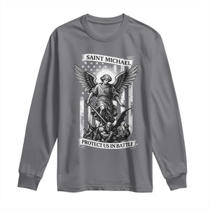 Saint Michael Protect Us In Battle Long Sleeve Shirt American Flag Catholic Christian Faith TS11 Charcoal Print Your Wear
