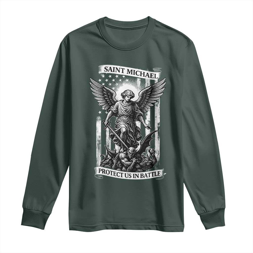 Saint Michael Protect Us In Battle Long Sleeve Shirt American Flag Catholic Christian Faith TS11 Dark Forest Green Print Your Wear