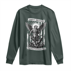 Saint Michael Protect Us In Battle Long Sleeve Shirt American Flag Catholic Christian Faith TS11 Dark Forest Green Print Your Wear