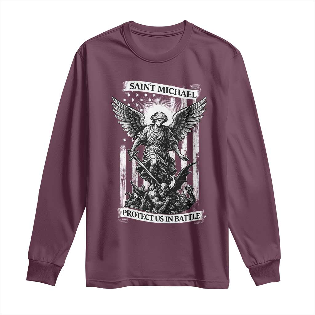 Saint Michael Protect Us In Battle Long Sleeve Shirt American Flag Catholic Christian Faith TS11 Maroon Print Your Wear