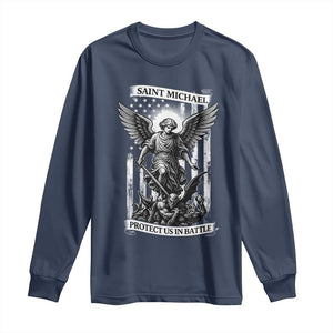 Saint Michael Protect Us In Battle Long Sleeve Shirt American Flag Catholic Christian Faith TS11 Navy Print Your Wear