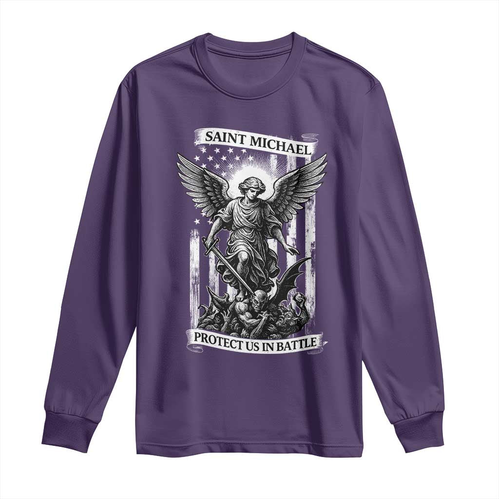Saint Michael Protect Us In Battle Long Sleeve Shirt American Flag Catholic Christian Faith TS11 Purple Print Your Wear