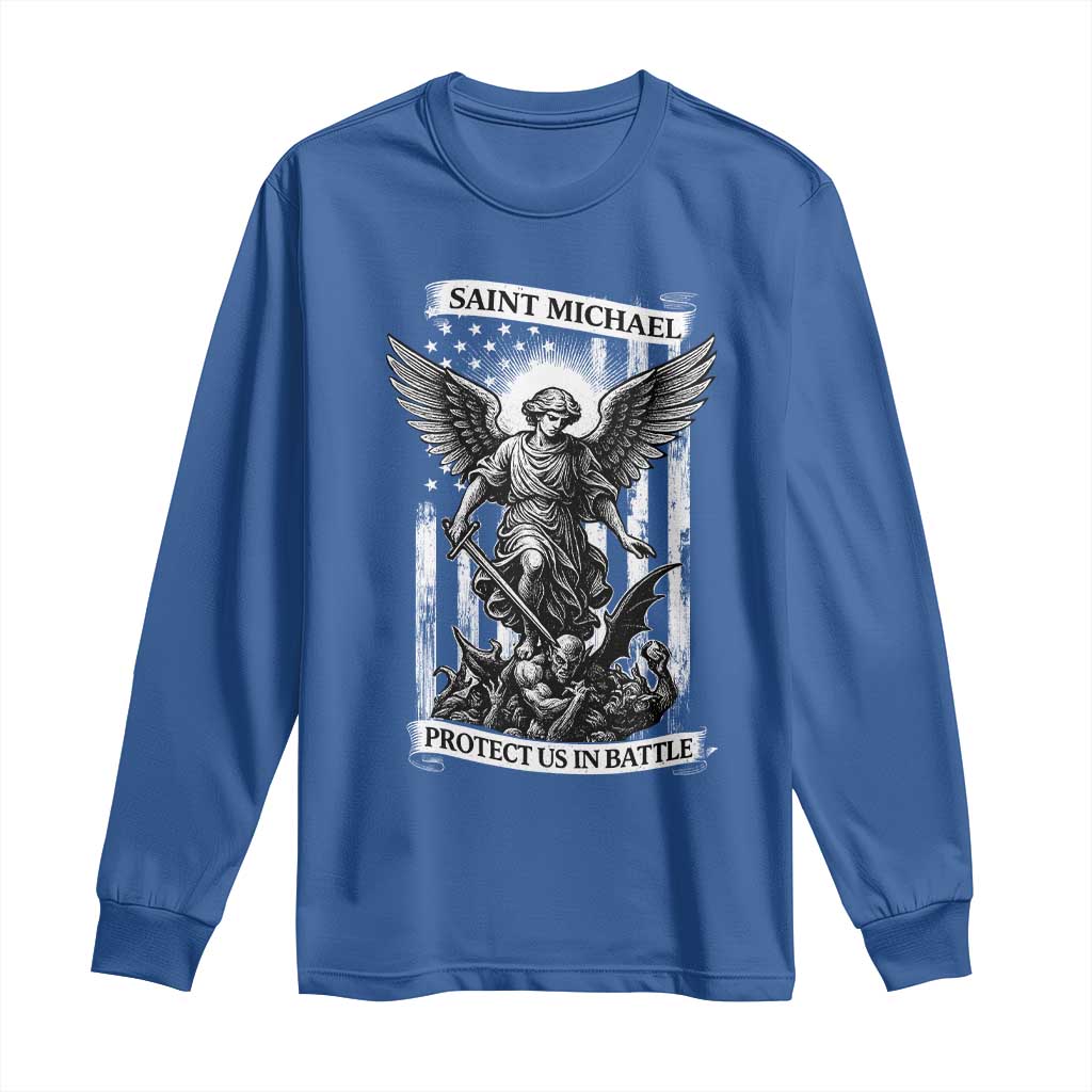 Saint Michael Protect Us In Battle Long Sleeve Shirt American Flag Catholic Christian Faith TS11 Royal Blue Print Your Wear