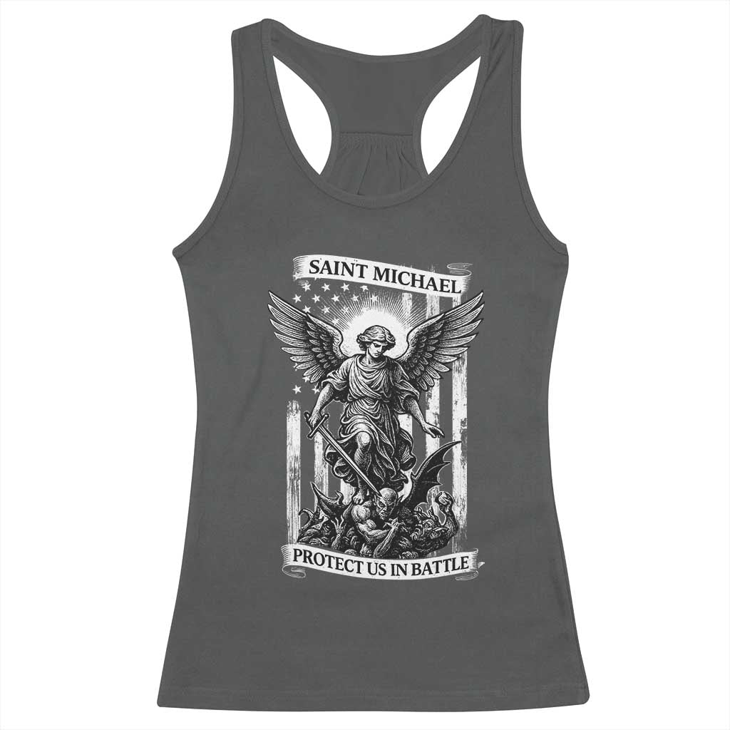 Saint Michael Protect Us In Battle Racerback Tank Top American Flag Catholic Christian Faith TS11 Dark Heather Print Your Wear
