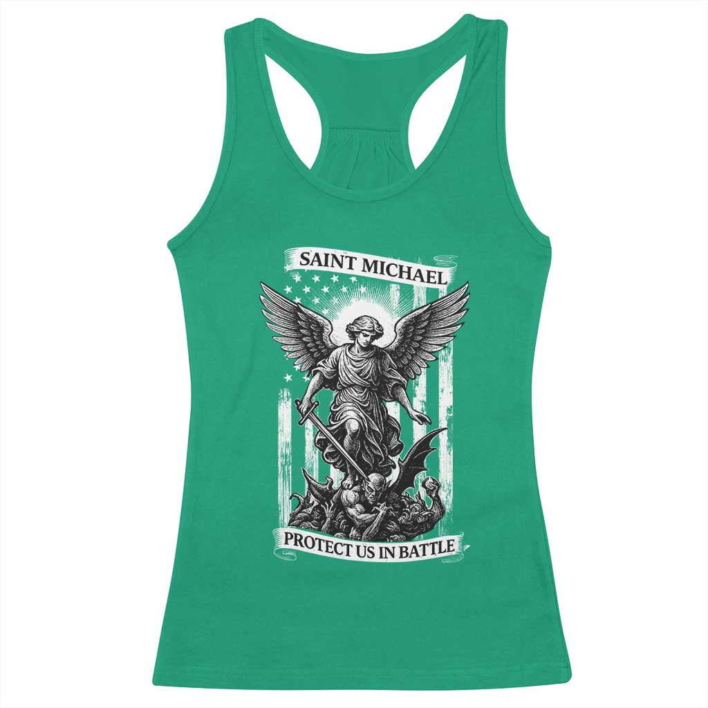 Saint Michael Protect Us In Battle Racerback Tank Top American Flag Catholic Christian Faith TS11 Irish Green Print Your Wear