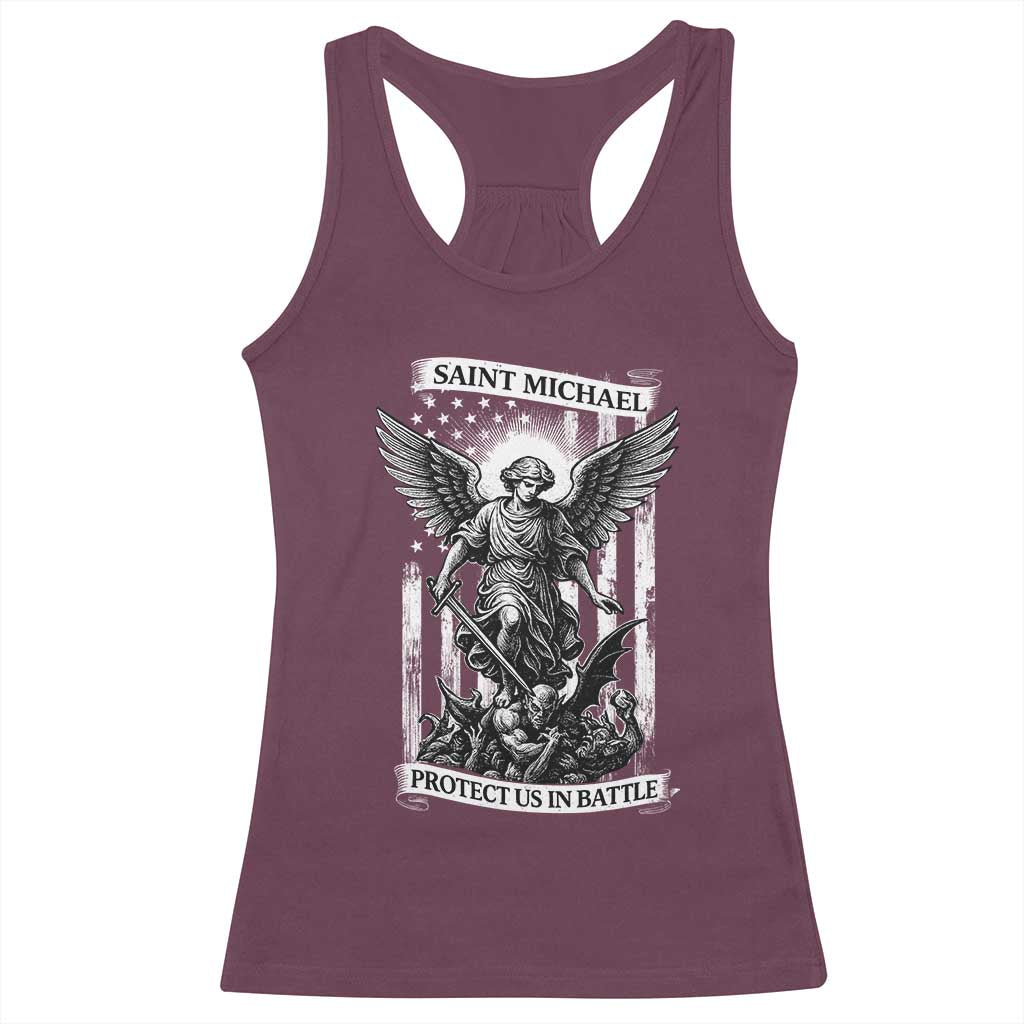 Saint Michael Protect Us In Battle Racerback Tank Top American Flag Catholic Christian Faith TS11 Maroon Print Your Wear