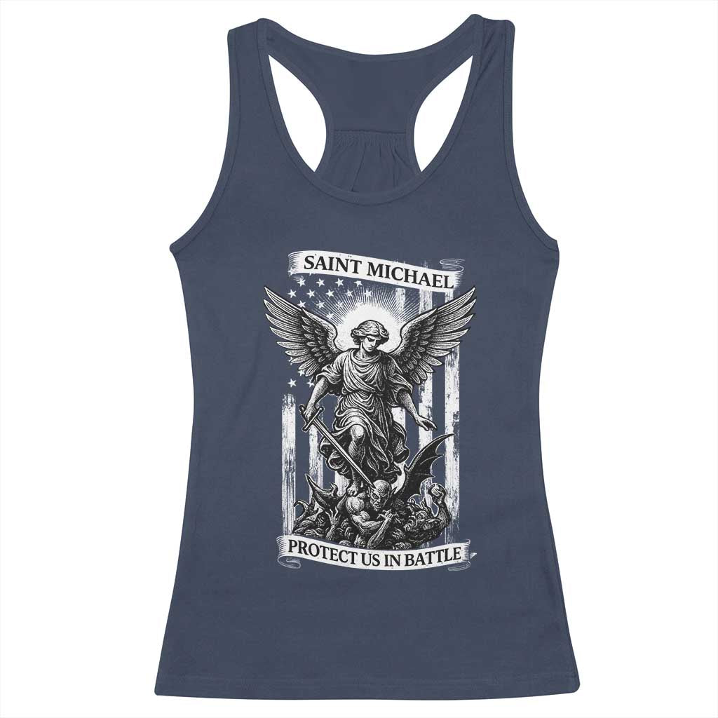Saint Michael Protect Us In Battle Racerback Tank Top American Flag Catholic Christian Faith TS11 Navy Print Your Wear