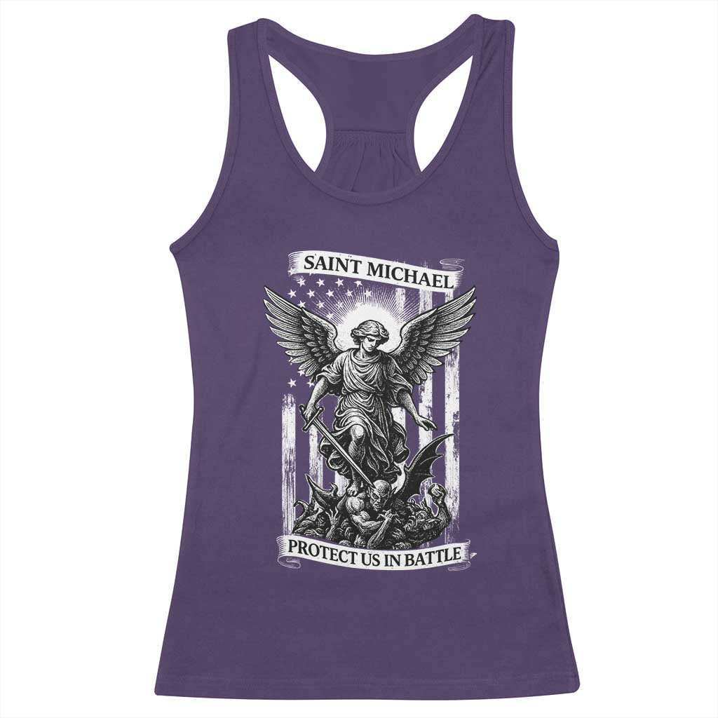 Saint Michael Protect Us In Battle Racerback Tank Top American Flag Catholic Christian Faith TS11 Purple Print Your Wear