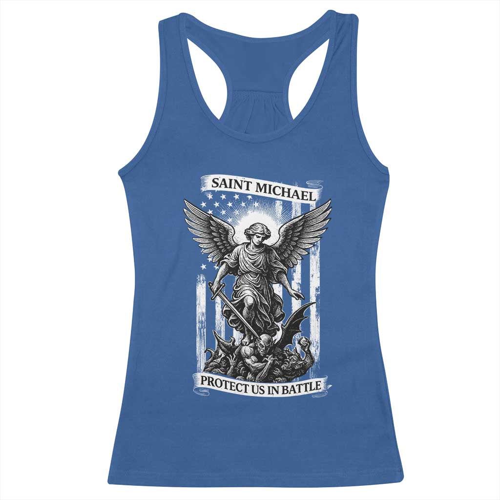 Saint Michael Protect Us In Battle Racerback Tank Top American Flag Catholic Christian Faith TS11 Royal Blue Print Your Wear