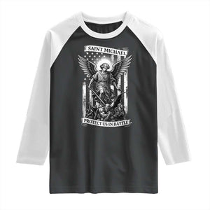 Saint Michael Protect Us In Battle Raglan Shirt American Flag Catholic Christian Faith TS11 Black White Print Your Wear